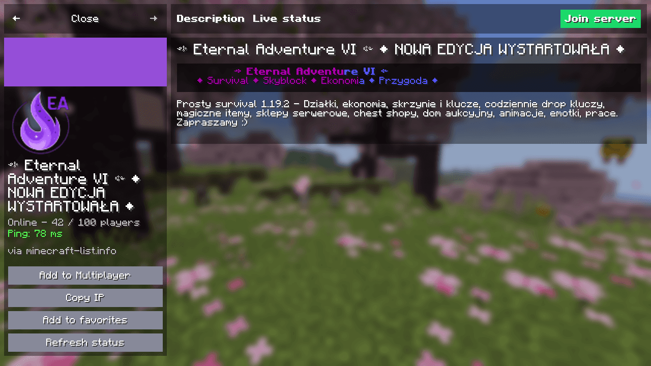 A server page showing live ping, player count and the server message